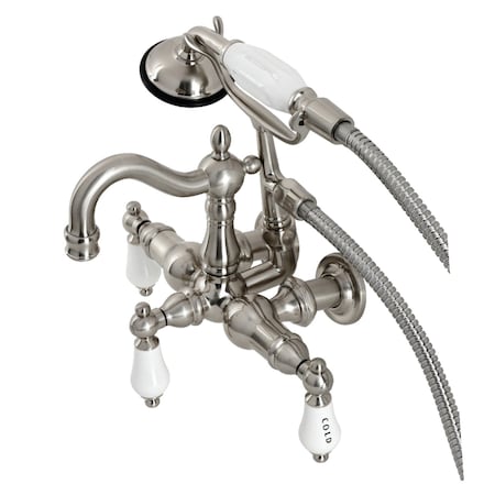 Kingston Brass CA1009T8 3-3/8" Tub Wall Mount Clawfoot Tub Faucet with Hand Shower, Brushed Nickel CA1009T8